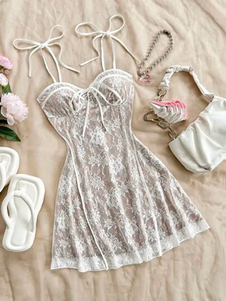 SHEIN WYWH Romantic Lace Spaghetti Strap Summer Holiday Dress