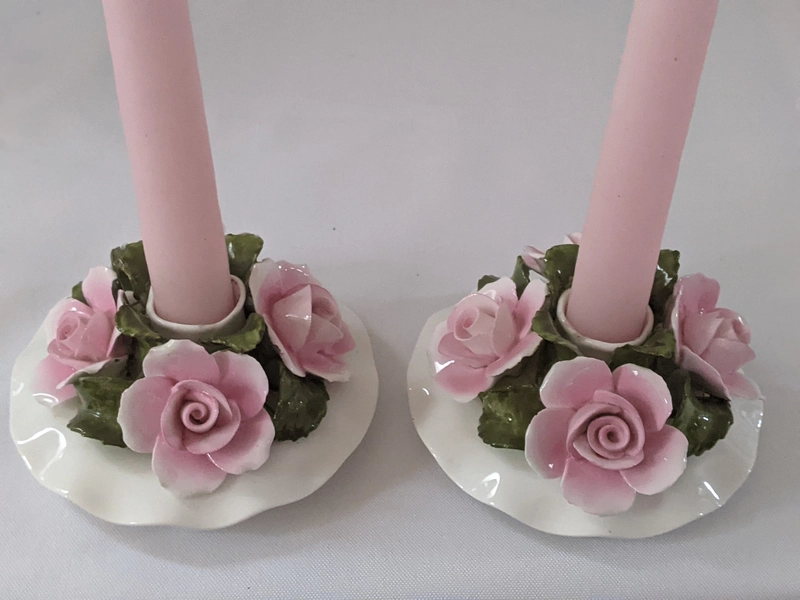 Pretty in Pink. Aynsley England Fine Bone China Hand Painted Floral Pink Roses Candlestick Holder Pair