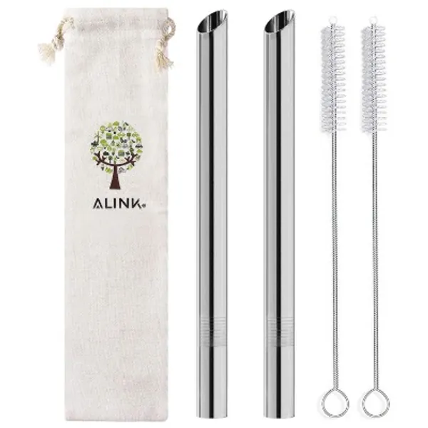 [Pointed Design] ALINK Reusable Metal Boba Straws, 1/2" Wide Stainless Steel Smoothie Straws for Bubble Tea/Tapioca Pearl, Milkshakes, 2 Straws + 2 Cleaning Brush + 1 Case