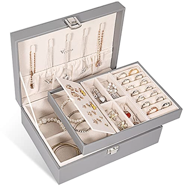 Voova Jewelry Box Organizer for Women Girls, 2 Layer Large Men Jewelry Storage Case, PU Leather Display Jewellery Holder with Removable Tray for Necklace Earrings Rings Bracelets, Vintage Gift,Gray - Grey