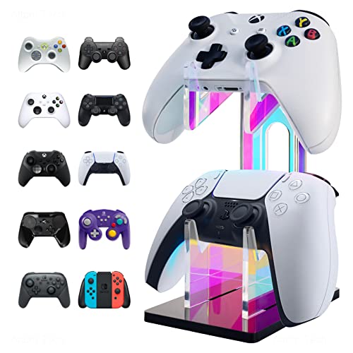 NiHome Iridescent Acrylic 2-Tier Universal Game Controller Headset Holder Stand for PS5 Xbox ONE Switch Colorful Controller Stand Gaming Accessories Anti-Slip Stable Acrylic Clear Headphone Holder - 2-Tier