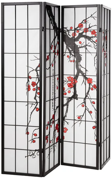 Roundhill Furniture Black Japanese 4-Panel Screen Room Divider, Plum Blossom -