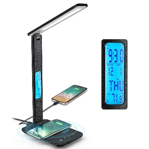 Desk Lamp with USB Charging Port,Wireless Charger LED Desk Lamp,Adjustable Foldable Table Lamp with Clock, Alarm, Date, Temperature,5 Levels of Dimmable Lighting,Home Office Lamp for Studying, Reading, Working (Black)