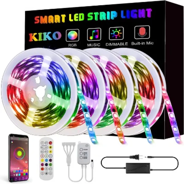 LED Light Strip, KIKO Led Strip Smart Color Changing Rope Lights 65.6ft SMD 5050 RGB Light Strips with Bluetooth Controller Sync to Music Apply for TV,Bedroom, and Home Decoration (4x16.4ft)