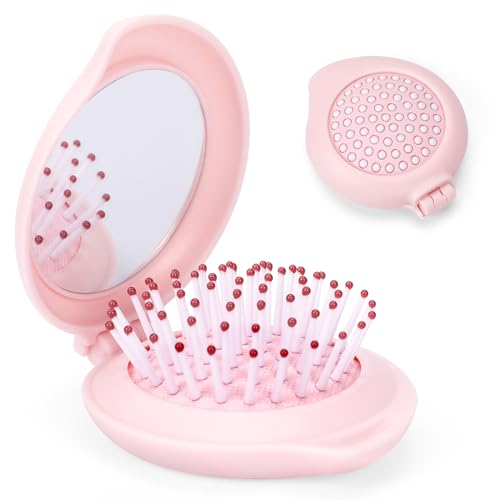 Mini Hair Brush with Mirror,Folding Hair Brush Travel Size Hair Massage Comb Compact Hair Brushes Pocket Hair Brush Hair Styling Tools Travel Brush for Women (1 Pack)