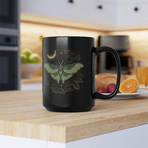 Green Luna Moth Mug with Crescent Moon - 15oz