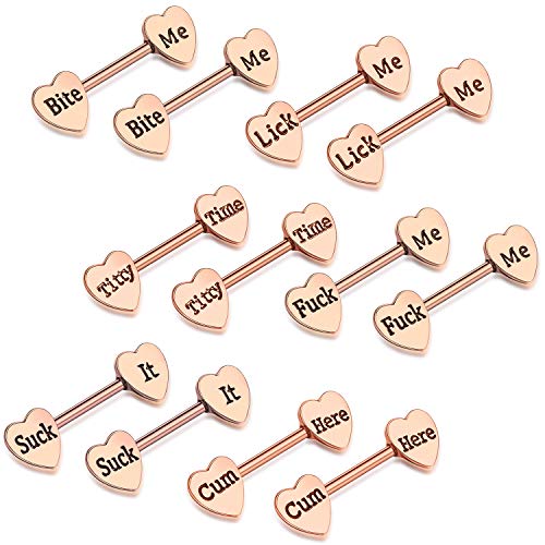 Hicarer 6 Pairs Heart Shaped Nipple Rings 14G Stainless Steel Tongue Rings Barbell Rings Body Piercing Jewelry for Women - Rose Gold