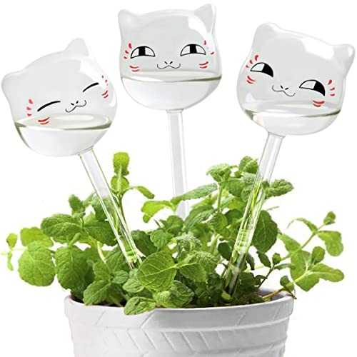 KiKiHeim Plant Watering Bulbs Devices Cute Self Watering Globes, Hand Blown Clear Glass Spikes Drip Sysetm, Automatic Plant Waterer for Indoor & Outdoor, 3 Cats - White