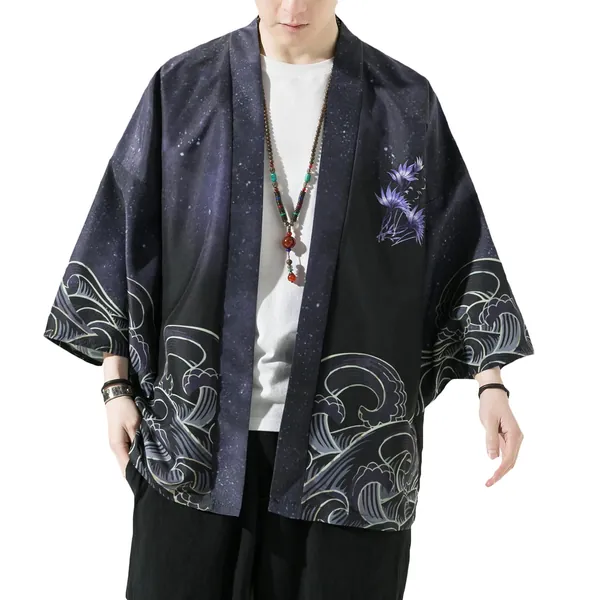 PRIJOUHE Men's Japanese Kimono Cardigan Jackets Casual Long Sleeve Open Front Coat Lightweight Yukata Outwear