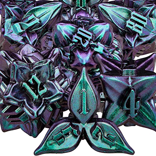 ARUOHHA DND Metal Dice Set Purple Green Dungeons and Dragons Dice with Box, 7PCS Leaf Design D&D Dice Handmade Polyhedral Dice RPG D and D Role Playing Games Dice D20 D12 D10 D8 D6 D4 - Purple Green