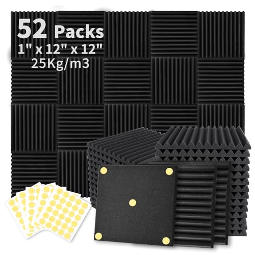 Focusound 52 Pack Acoustic Foam Panels 1" x 12" x 12" Sound Proof Foam Panles Soundproofing Noise Cancelling Wedge Panels for Home Office Recoding Studio with 270PCS Double-Side Adhesive - 52 Pack