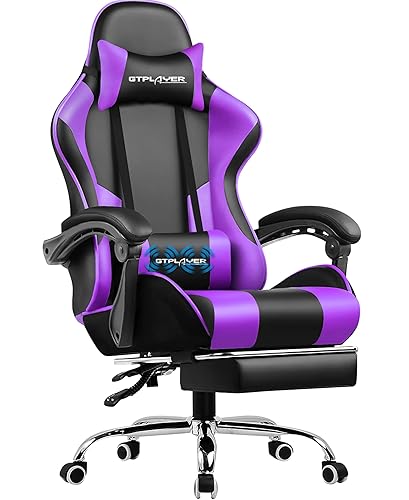 GTPLAYER Gaming Chair, Computer Chair with Footrest and Lumbar Support, Height Adjustable Game Chair with 360°-Swivel Seat and Headrest and for Office or Gaming (Faux Leather, Purple) - Purple - Faux Leather