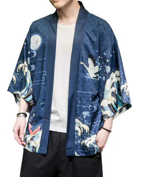 PRIJOUHE Men's Japanese Kimono Cardigan Jackets Casual Long Sleeve Open Front Coat Lightweight Yukata Outwear