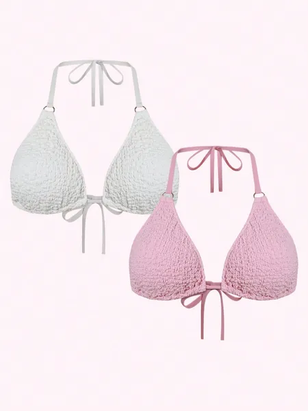 SHEIN Swim Mod Plus Size 2pcs/Set Textured V-Neck Halter Bikini Top