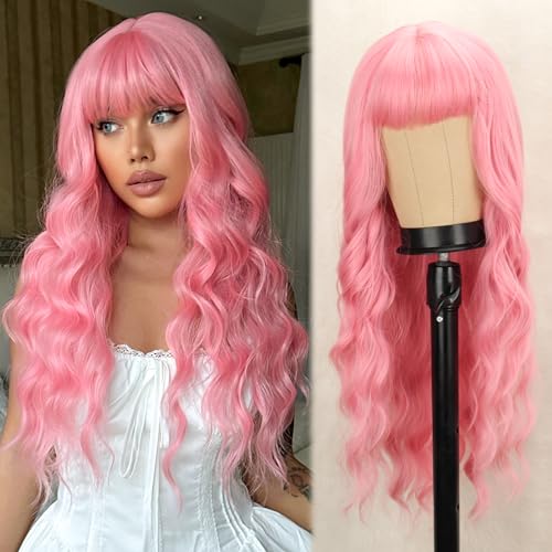 LINGHANG Long Pink Wigs with Bangs Light Pink Wigs for Women,Wavy Wig Heat Resistant Synthetic Fiber Wigs for Halloween Cosplay, Daily Party - Pink