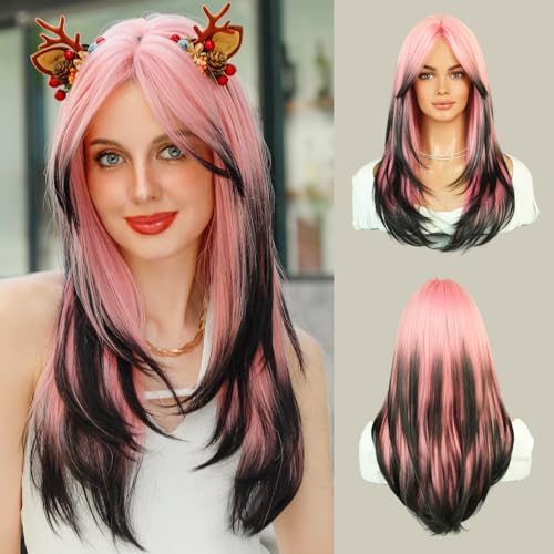 7JHH WIGS Long Wavy Wig Pink and Black Layered Wig with Curtain Bangs, Synthetic High Density Heat Resistant Hair Straight Wig ends dyed black for Daily Party 25 Inches - Pink and Black Ombre Wig - 25in