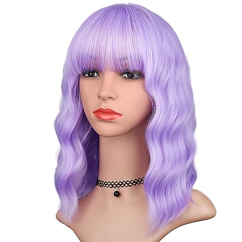 HAIRUP Lavender Wig with Bangs for Women, Short Wavy Curly Bob Wig Light Purple Wigs 14 Inch Shoulder Length Colored Pastel Purple Wig Daily Party Cosplay Wigs - Purple