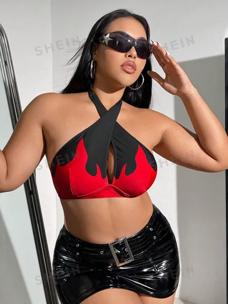 SHEIN Swim Event Plus Size Flame Print Cross Halter Bikini Top