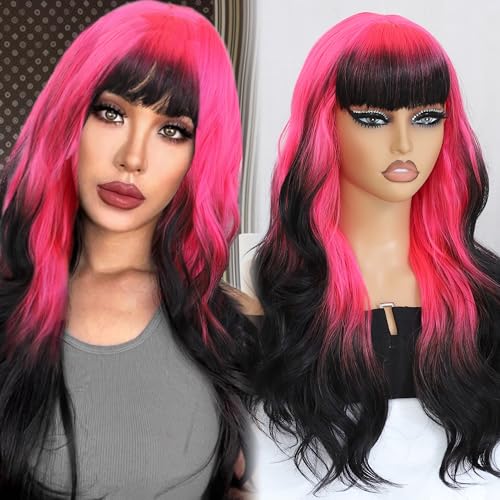 JulyQueen 26" Long Wave synthetic wigs with Bangs Dark pink two tone wig Layered Wigs for Women Ombre Synthetic wigs for Daily Party Use (Hot pink) - Hot pink