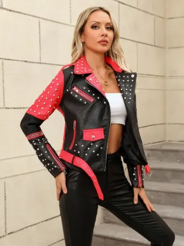 Black and red leather jacket with spikes