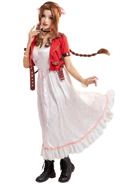 Final Fantasy Aerith Gainsborough Cosplay Costume Dress Set with Accessory