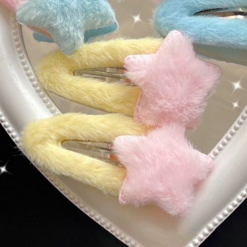 Fuzzy Star Hair Clips - Yellow & Pink
