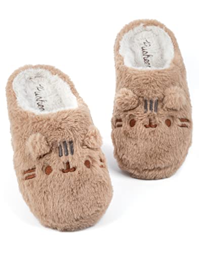 Pusheen Womens Slippers | Adults Teens Grey NAH or Brown Fur Plush Cat Character Design Options | Anime Cartoon Animal Slip On Mules House Shoes - 3/4 UK - Brown