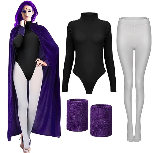 Hercicy Women Halloween Costume Set Purple Hood Cloak with Bodysuit, Wristbands and Grey Tights for Anime Cosplay Women - Medium