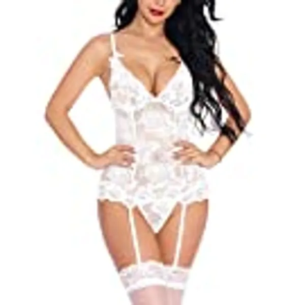EVELIFE Damen Sexy Reizwäsche Strapse Set Erotische Unterwäsche Dessous Set V-Ausschnitt Spitze Lingerie mit Strumpfband Transparente Babydoll Nachtwäsche