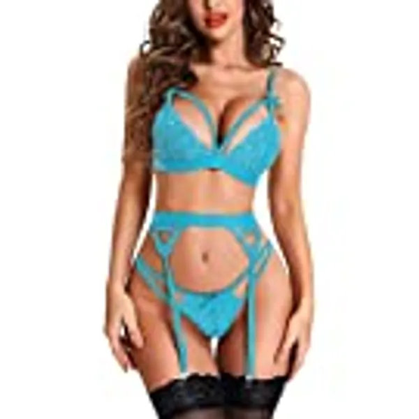 RSLOVE Damen Dessous Set mit Strumpfhalter - 3-teiliges Spitzen Teddy Babydoll Bodysuit
