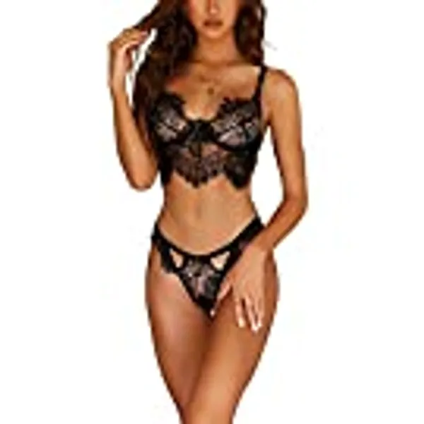 VisSec Reizwäsche Dessous Set 2-Teil Bügel-BH + String Tanga Spitze Push-Up Verführerisches Damen Body Unterwäsche Babydoll Nachtwäsche Spitze Heißen Sexy Dessous Set