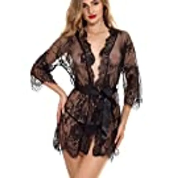 XIAPAI Negligee Damen Sexy, Spitze Babydoll Lingerie Sexy, Sleepwear Dress ​Reizwäsche, Spitze Damen Dessous Set mit G-String und Gürtel