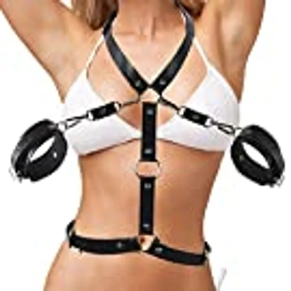 Punk Harness Damen Leder Fesseln Sex Set mit Handschellen und Choker Halsband,Gothic Kleidung Damen Body Brust Harness Bondage Set,Sexy Unterwäsche Dessous Damen für Sex,BDSM Sex Spielzeug Beide