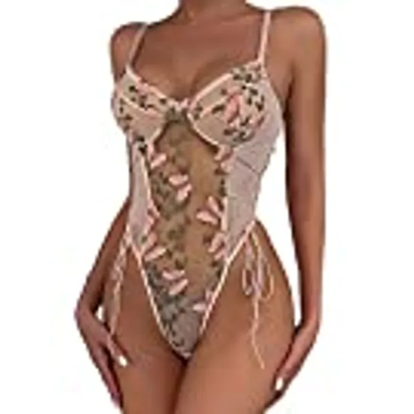 KOEMCY Sexy Dessous Damen Body Sexy Spitze Bodysuit Tiefer V-Ausschnitt Unterwäsche Negligee Teddy Babydoll Blumenstickerei One Piece Erotische Lingerie