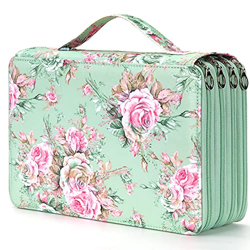 Vomgomfom Colored Pencil Case - 200 Slots Pencil Holder with Zipper Closure Twill Fabric Large Capacity Pencil Case for Watercolor Pens or Markers, Pencil Case Organizer for Artist (Green Rose) - A Green Rose - 200 Slots