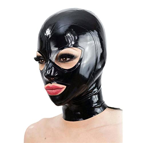 GITDOT Latex Head Cover Black latex HeadMask Latex Hood Exposed eyes Exposed Mouth, Zipper Open, XL