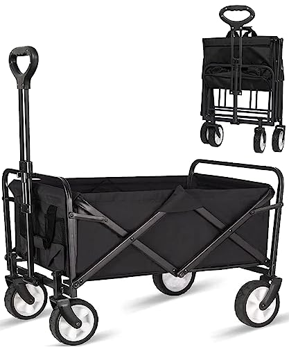 Collapsible Foldable Wagon, Beach Cart Large Capacity, Heavy Duty Folding Wagon Portable, Collapsible Wagon for Sports, Shopping, Camping (Black, 1 Year Warrant) - Matte Black