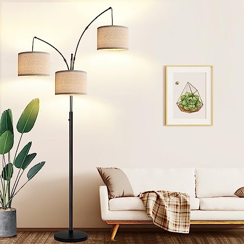 Dimmable Floor Lamp - 3 Lights Arc Floor Lamps for Living Room, 1000LM Modern Tall Standing Lamp with Beige Shades & Heavy Base, Mid Century Tree Floor Lamp for Bedroom Office, 3 LED Bulbs Included - Matte Black-Beige Linen Shades