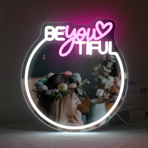 SIGNSHIP Beautiful Mirror Neon Sign,Neon Signs for Wall Decor,Pink and White Neon Sign,Neon Light Sign for Wall,USB Connectivity Led Neon Signs for Home Wall Decor,Girls Room Decor,Bedroom Decor - Beautiful