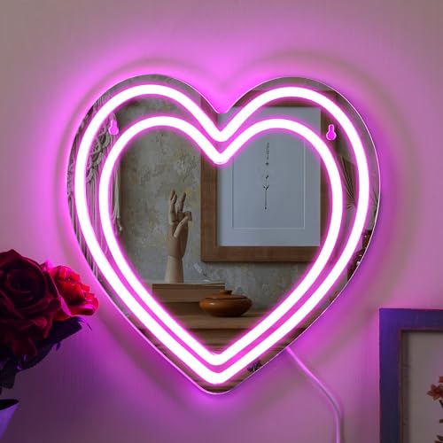 Chitidr Pink Heart Neon Mirror LED Light Sign Neon Wall Art Sign Love Acrylic Mirror Wall Decor for Mother's Day Gift Girls Home Bedroom Wedding Birthday Party Decorations - Heart