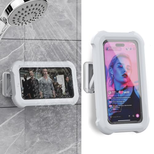 cymtkbr Shower Phone Holder Waterproof,480° Rotating Wall Phone Holder Mount with HD Touch Screen Guardian Phone up to 7 inch for iPhone 15 14 13 12 Pro 11 XR Max Samsung Galaxy S21 - White