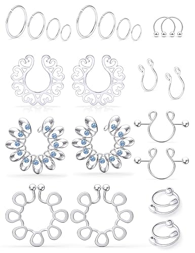 SCERRING Fake Nipple Ring Stainless Steel Non-Piercing Nipple Rings Clip On Nipplerings Faux Body Piercing Jewelry for Women Men 11 Pairs - Silver