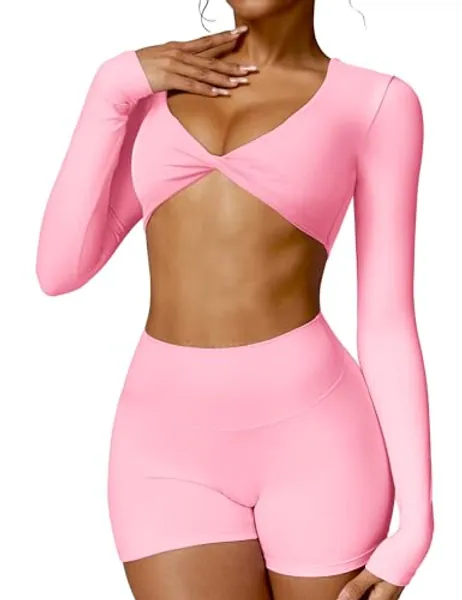 YEOREO Kyla Women Crop Top Long Sleeve Padded Sports Low Medium Impact Yoga Shirt Workout - Pink - Large