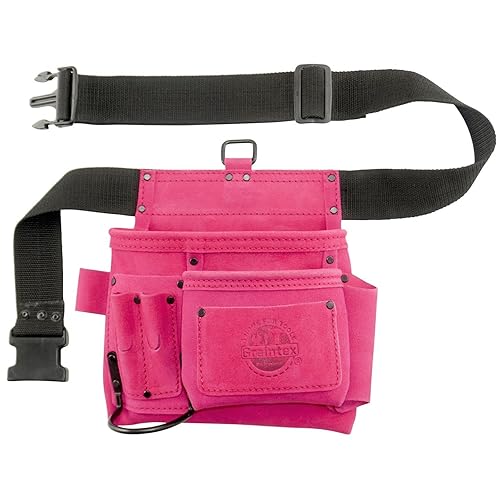 Graintex SS2081 :: 5 Pocket Nail & Tool Pouch Pink Color Suede Leather with 2” Webbing Belt for Constructors, Electricians, Plumbers, Handymen