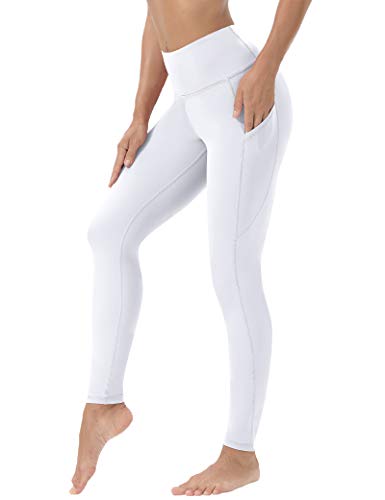 Kaleilo Leggings for Women High Waist Tummy Control Compression Workout Running Yoga Pants with Pockets - White - Small