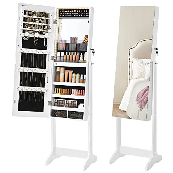 SONGMICS Mirror Jewelry Cabinet with LED Lights, Standing Armoire Organizer, Accessories Storage, White UJJC023W01