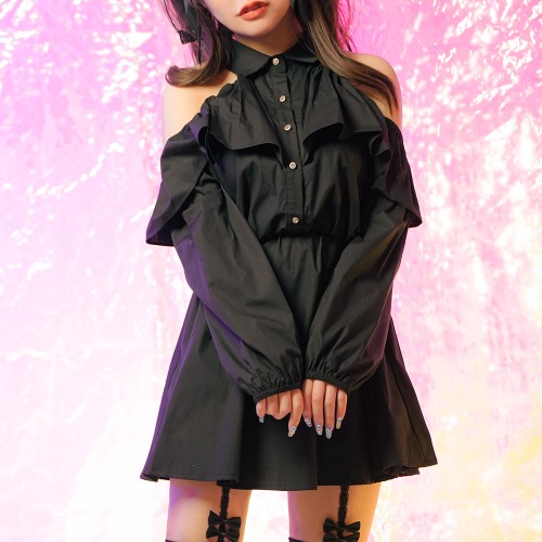 【タイムセール 3/31 10:59迄】丈選べる肩魅せフリルデザインドッキングシャツワンピース | ブラックミニ / M