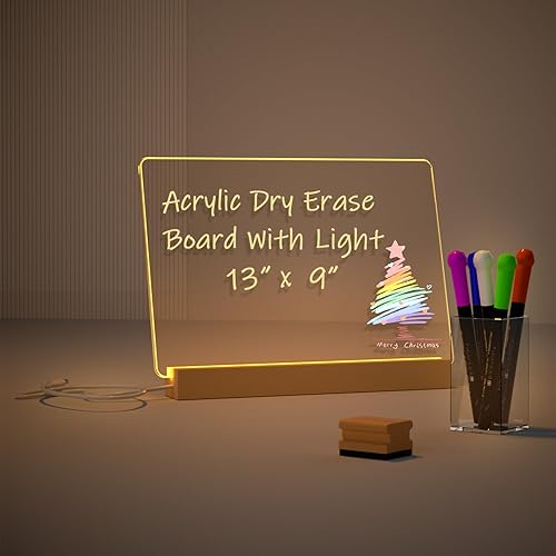 Acrylic Dry Erase Board with Light Up Stand for Desk 13 x 9 inch Clear Desktop Note Memo White Board Notepad Table LED Letter Massage Boards for Personal Creative Use Includes Dry Erase Markers - Clear 13"x9"