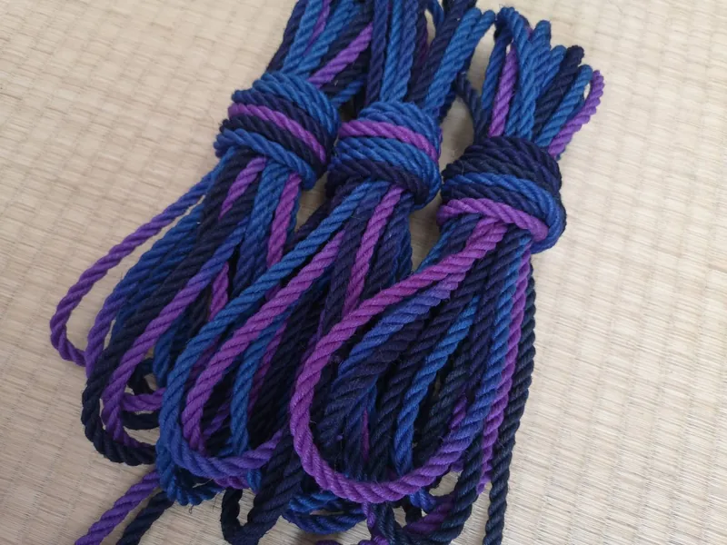 Hemp rope- &quot;Liquorice allsorts&quot;, in 4 colour. Purple, black, Navy and midnight blue, for bondage,  1,3 or 8 ropes.