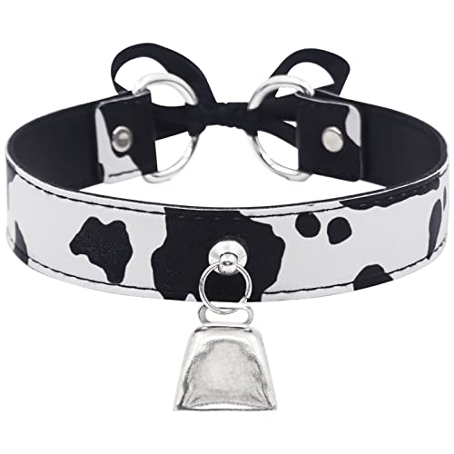 paloli Basic Cow Print Bell Collar Choker Necklace for women - Black - Silver Bell